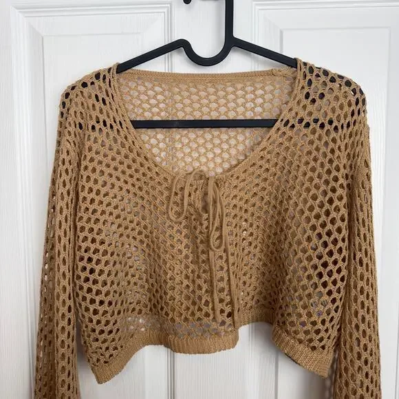 Crochet Mesh Cropped Sweater L Open Weave Festival Boho Beach Cover Up Top Y2K - Picture 4 of 8
